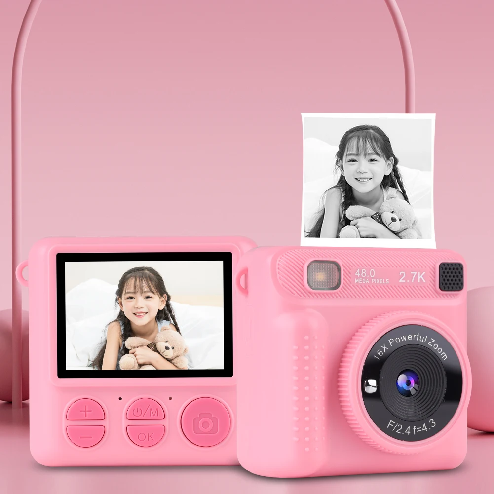 كاميرا طباعة فورية صغيرة للأطفال 1080P كاميرا طباعة حرارية بدون حبر 16X طابعة حرارية تكبير رقمي هدية للفتيات والأولاد من سن 3 سنوات فما فوق