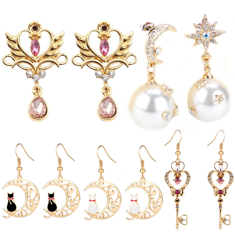 Anime SAILORMOON Earrings Cosplay Card Captor Time Key Moon Stick Crystal Pearl Dangle Earrings Kawaii Christmas Gift