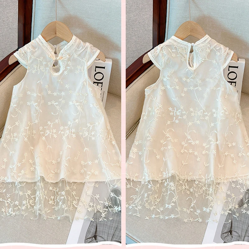 2024 Children\'s Qipao Dress Sleeveless Chinese Style Dress Girl Baby Summer Hanfu Girl Fashion Tang Dress Embroidered Lace Dress