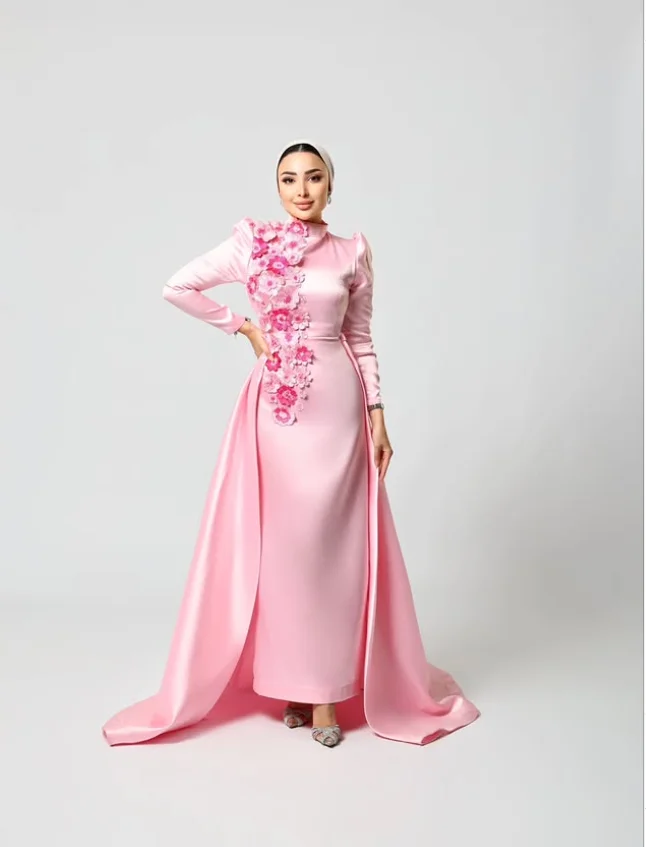 Roze Moslim Caftan Prom Jurken met Overrok Hijab 3D Bloemen Lange Mouw Midden-oosten Avond Formele Gown Outfit Customsized