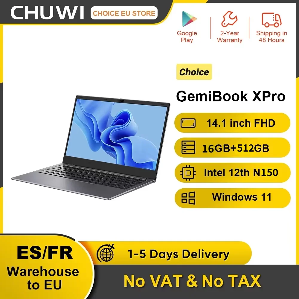 CHUWI GemiBook XPro 14,1 pulgadas portátil Intel 12th N150 16GB DDR5 512GB SSD Windows 11 1920*1080 16:9 pantalla WiFi 6 BT5.2 38Wh