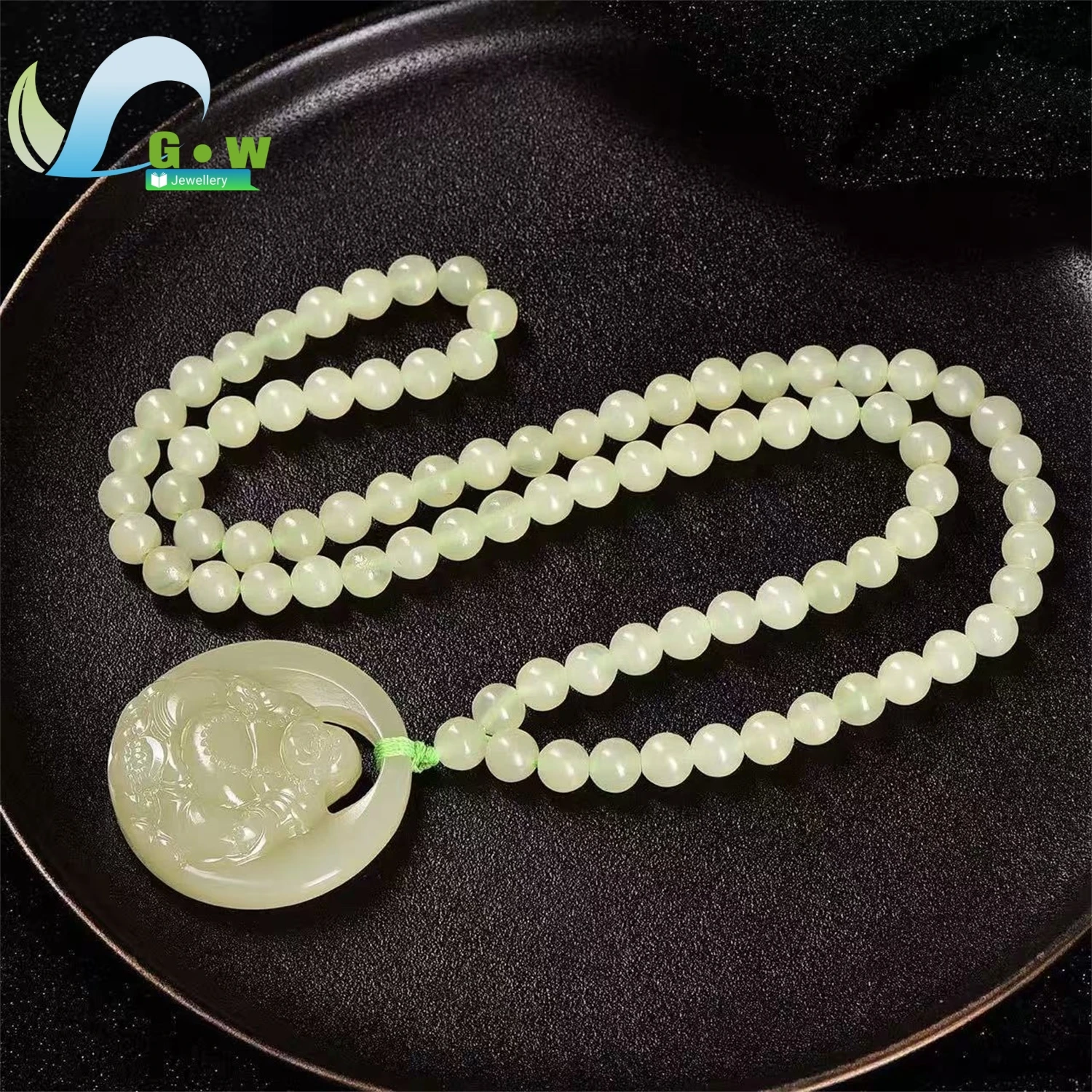 Natural Old Stock Yellow Hetian Jade Laughing Buddha Round Plaque Pendant Icy Carved Hanging Ornament Unisex Jewelry Gift