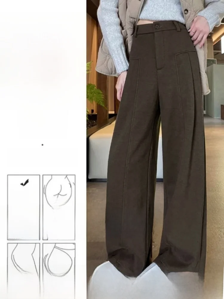 

Широкие брюки Thiened Fce в пол, корейские классические брюки с высокой талией, прямые шерстяные брюки-трубы кофейного цвета