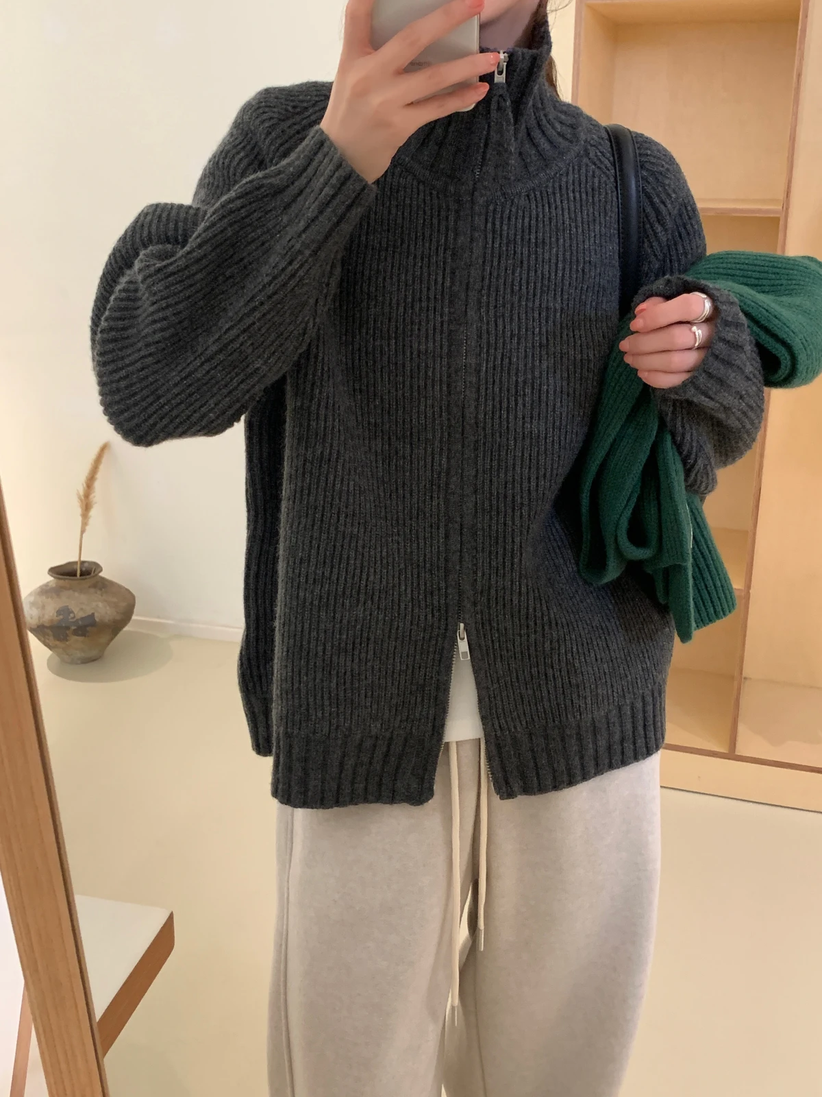 

Faionable Winter Thiened Double Zipper Stand Collar Sweater Korean High Collar Warm Casual Sweater Jaet for Women