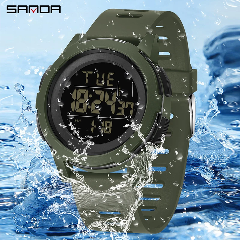 SANDA Fashion Big Dial Mens Watch Military Water Resistant Sport Watches LED Luminous Digital Wristwatches Stopwatches For Male