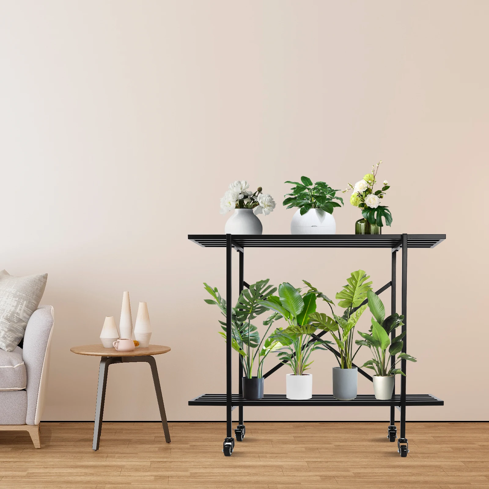 Metal Plant Stand with Wheels, Home Decor 2-Tier Plant Stand, Plant Rack for Small Space, Black/White