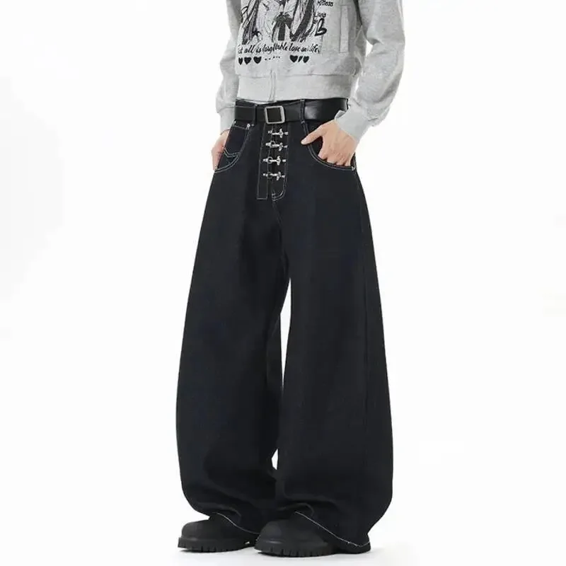 

Мужские джинсы в корейском стиле, однотонные, с металлической пряжкой, повседневные, уличные, прямые, широкие, свободные, мужские джинсовые брюки, модные, 9X270