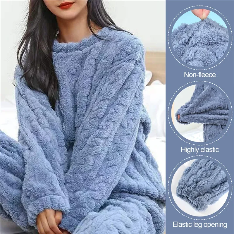 Women\'s pajamas set Winter Coral Velvet Homewear Fluffy O-neck leisure pajamas Velvet thickened two-piece loungewear set