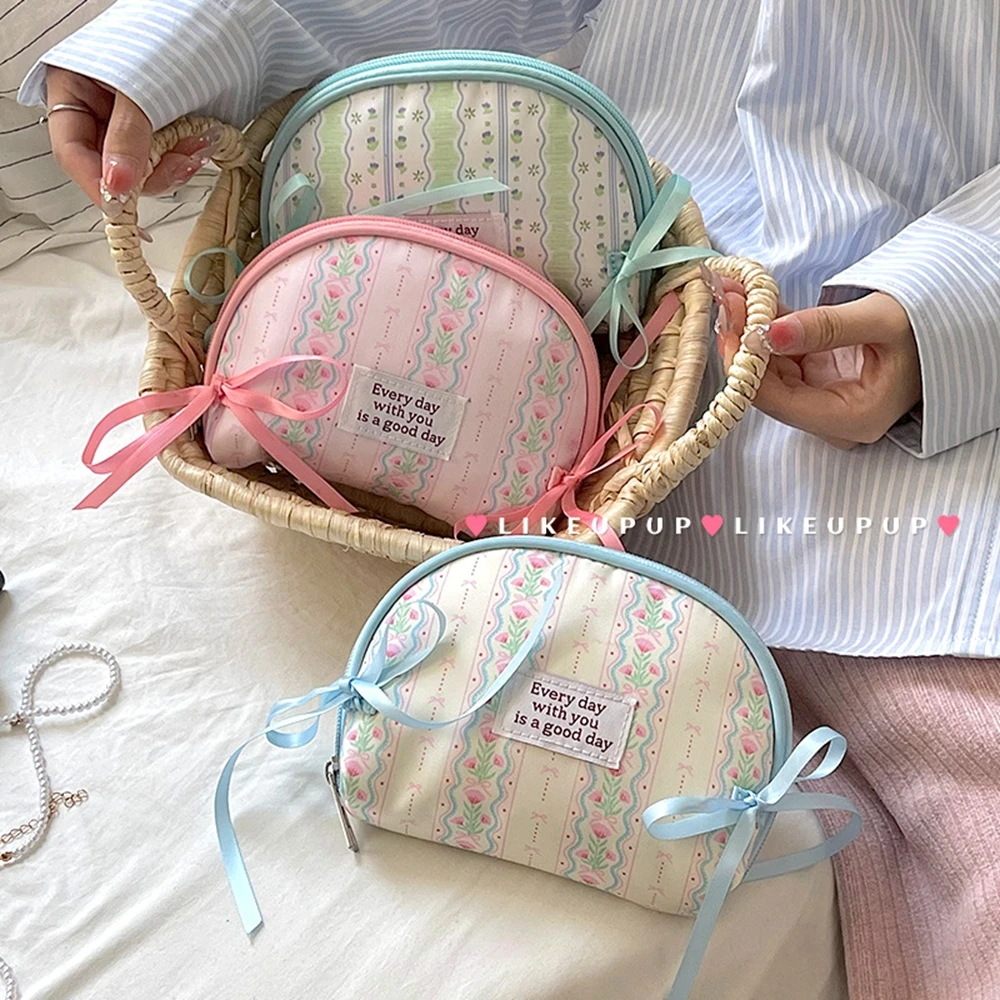 Korean-style Sweet Lace Bow Makeup Bag Y2k Wallet Storage Bag Cute Shell-shaped Multi-pocket Zippered Toiletry Pouch