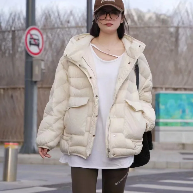 

Hooded Puffer Jacket for Women, White Duck Down, Thick Warm Coat, Fluffy Drawstring Hem, Short, Winter, New, 2024