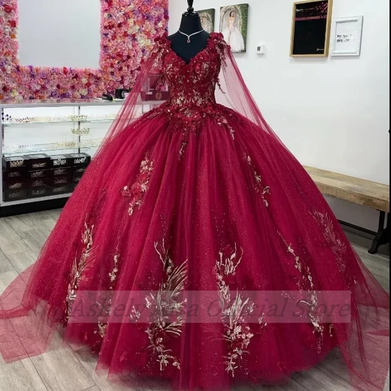 AQ182-vestidos De Quinceañera De princesa personalizados, con capa De manga, cuello en V, Vestido De baile Floral 3D, dulce 14 16 De 15 años, 2025