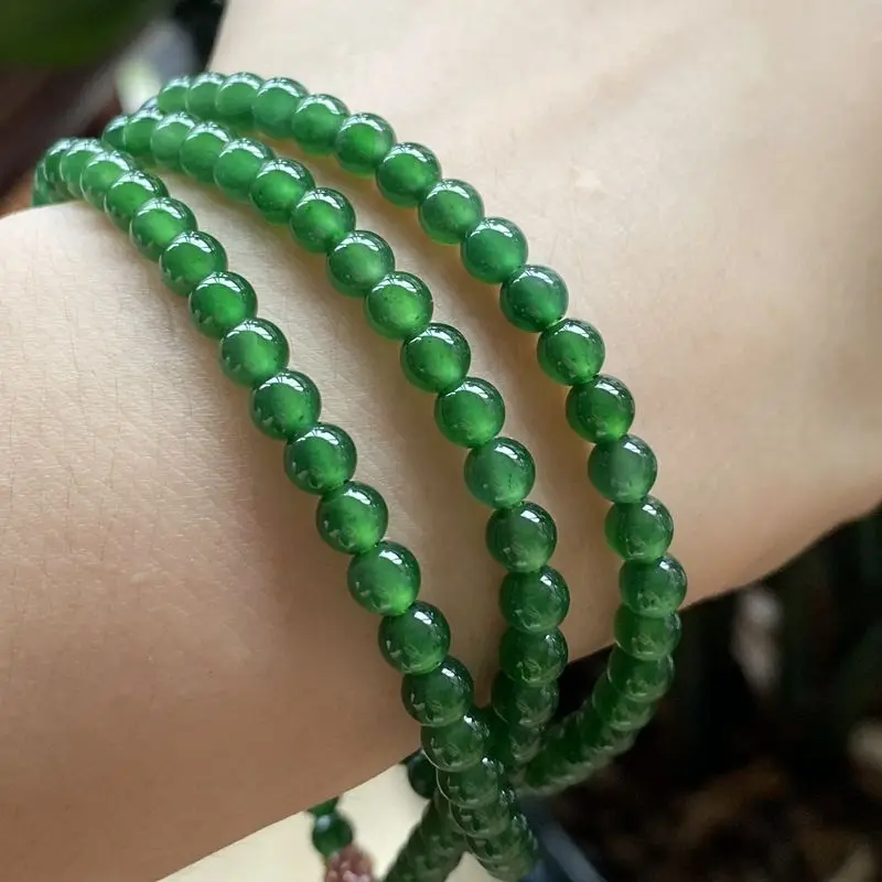 Natural a Cargo Jadeite Jade with Colored Ice-like Emperor Spicy Full Green High-End Multi-Circle Bead Necklace B