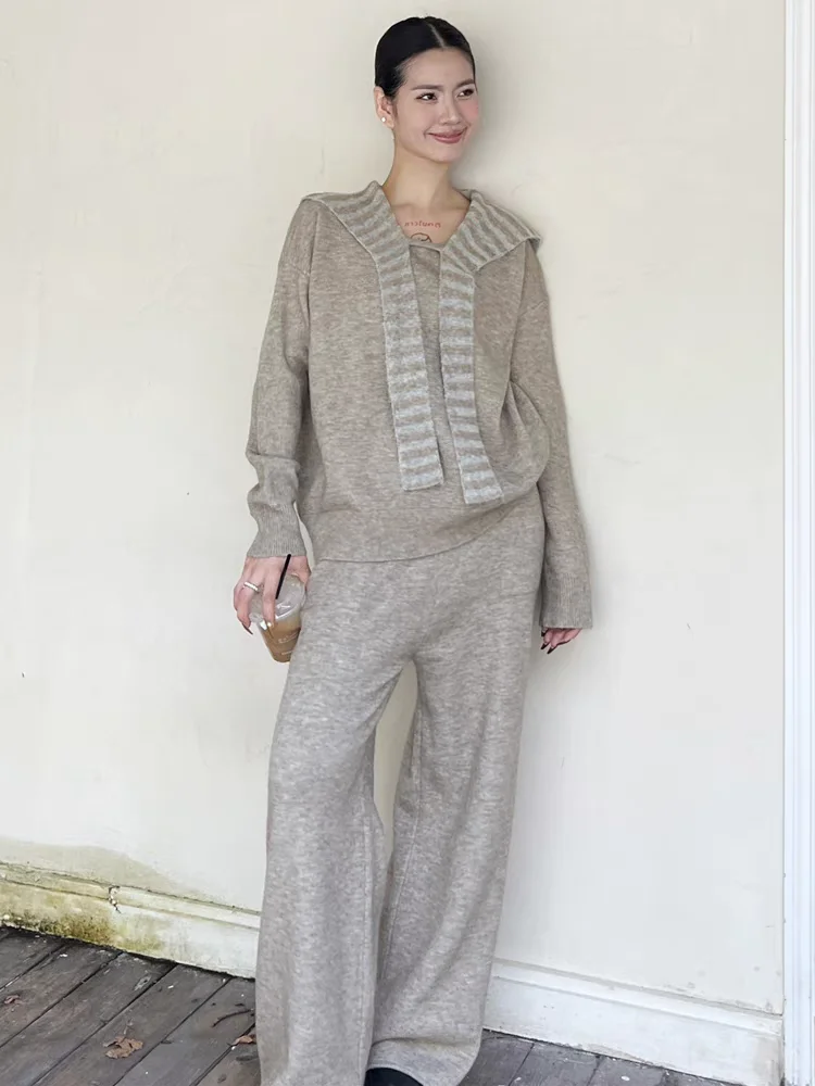 

2024 New Autumn and Winter Knitted Suit for Women Navy Collar Loose Sweater + Wide-leg Pants High-end Casual Two-piece Set