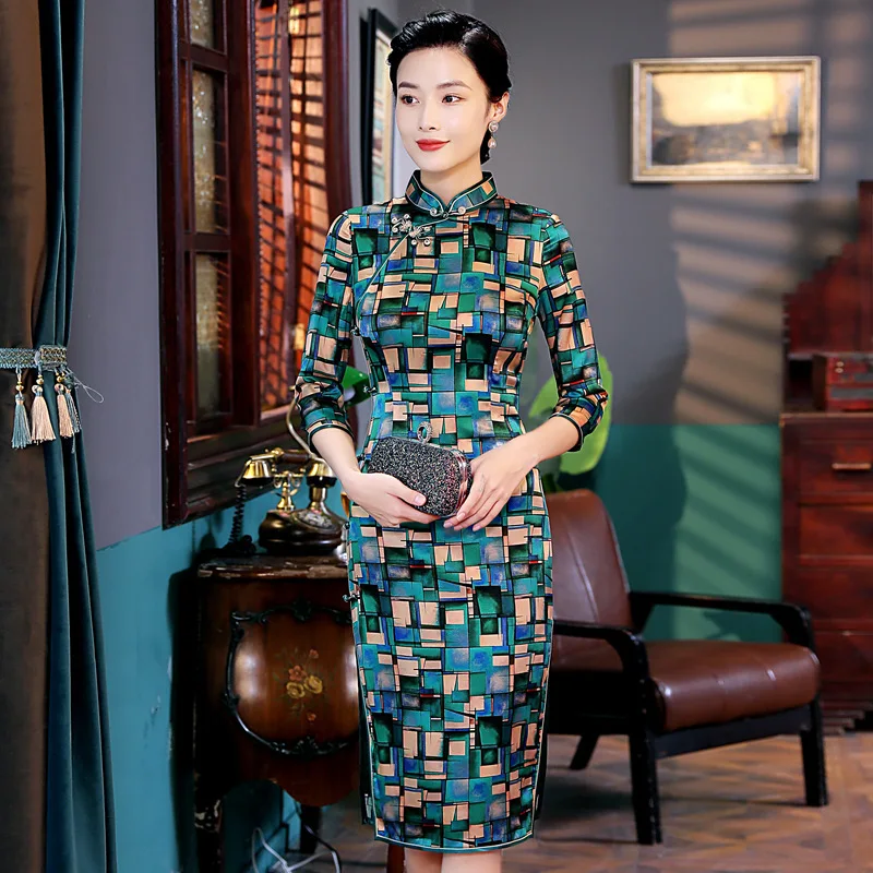 Cheongsam Qipao Women Dress Spring New High Quality Real Silk Three-Quarter Sleeve Plaid Improved Fashion