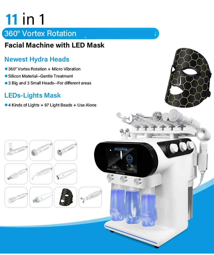 

New Tech 11 in 1 Portable Hydro Beauty Facial Machine Multifunctional with Skin Care 360 Vortex Rotation Handle