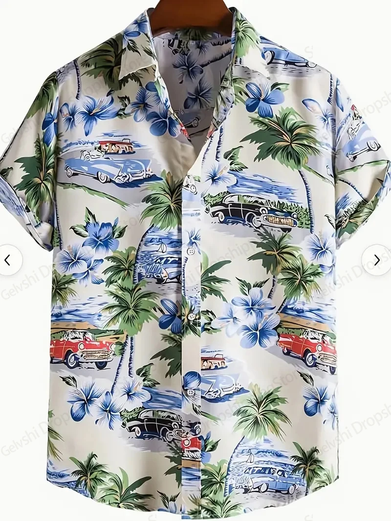 

Men Shirts Cat Car Coconut Tree Graphic Print Hawaiian Shirt Men Women Fashion Floral Hawaiian Shirt Short Sleeve Blouse Camisa