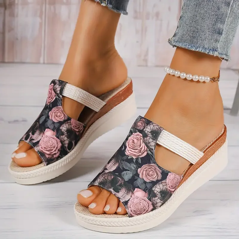 

Women's Skull Printed Sandals, Colorful Woven Seaside Slide Platform Shoes, Halloween Comfort Wedge Beach Slide