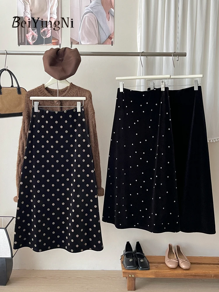 

Beiyingni New Arrivals French Elegant Gold Velvet Midi Skirt Women Dots Printed Winter Trendy Mermaid Skirts Female A-line Jupes