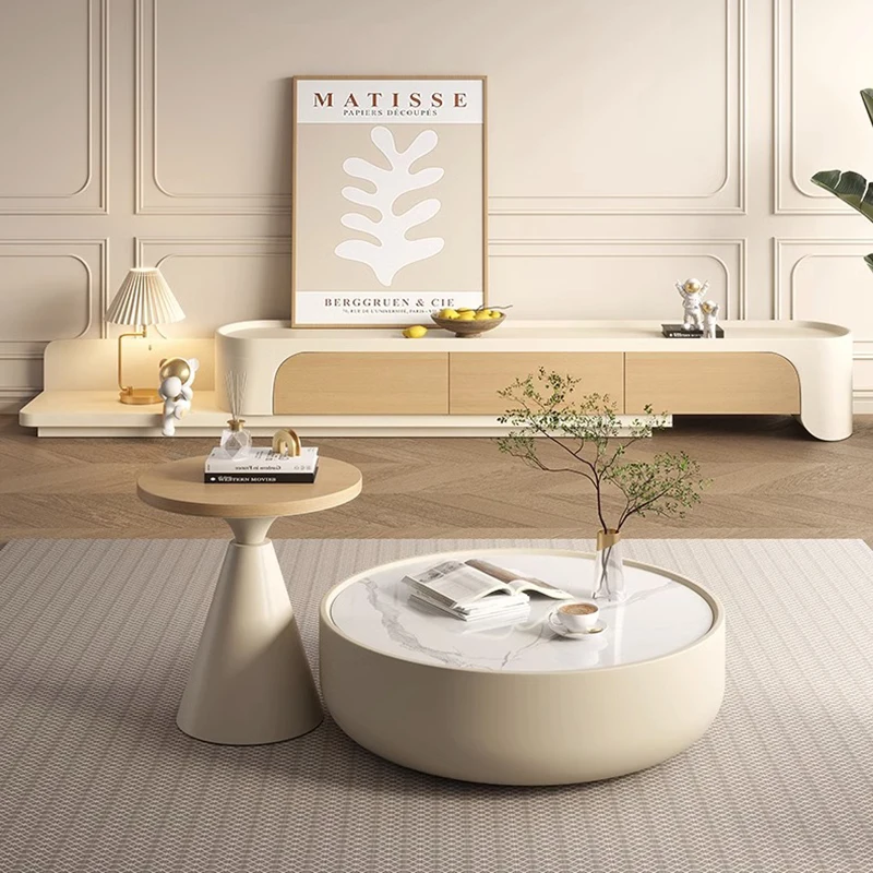 White Cream Tea Table Living Room Household Simple Home Table Small House Internet Circular Modern Plate Small Furniture