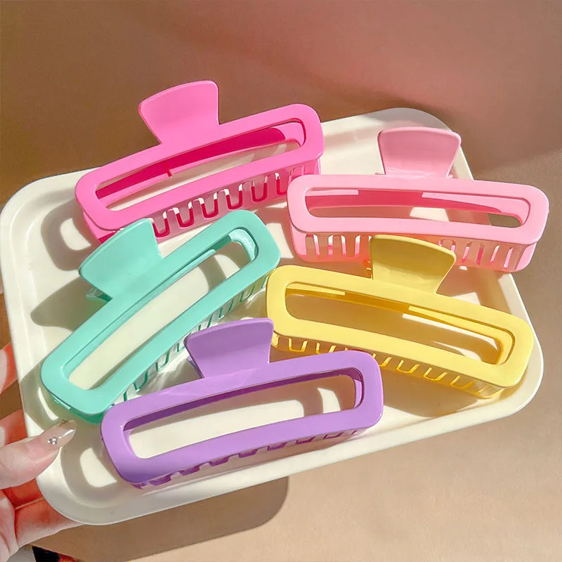 Candy Color Hollow Rectangle Large Hair Claw Clips Summer Women Shark Clip Ponytail Clips Oversized Hair Crab Clips Hairgrips