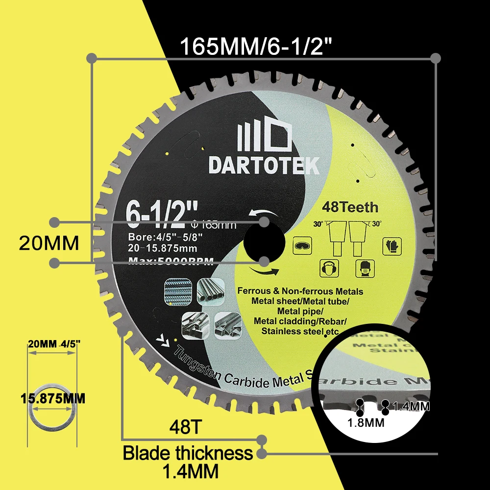 Imagem -04 - Dartotek-disco de Corte de Liga Dura Corte de Placas de Metal Barras de Aço Canalizações de Metal Cortador de Disco de Madeira Lâmina de Serra Circular 165 mm 48t