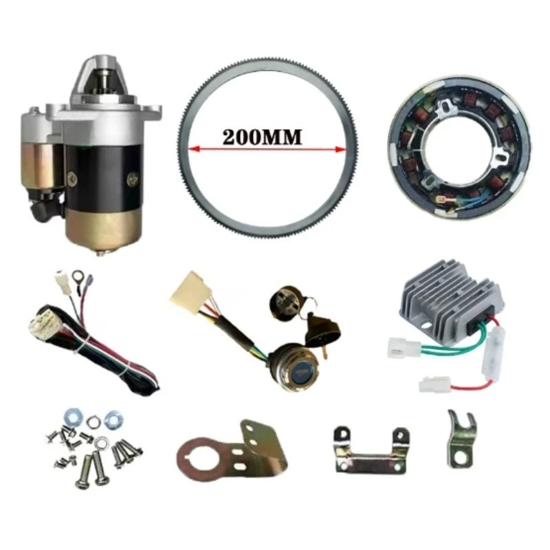 12V Electric Start Rebuild Kit with Starter Motor Flywheel for Air-Cooled Diesel Engine Micro Tiller Water Pump