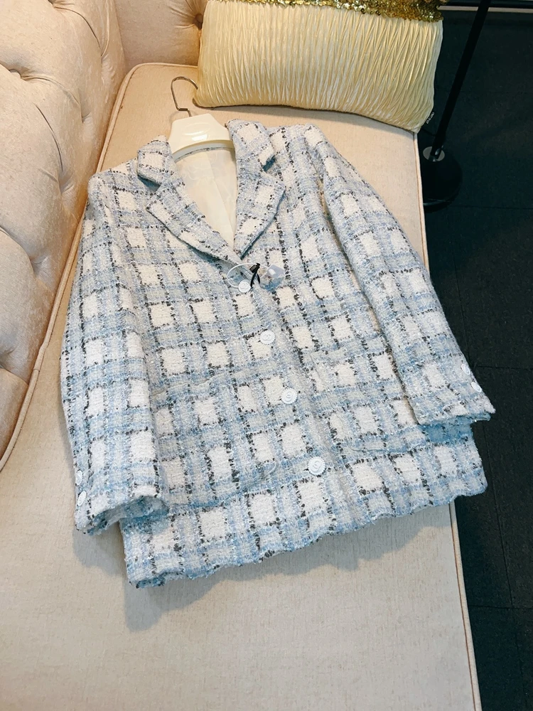 

Ele шерстяное пальто для женщин Personali Western Sle Slim Fit, большая клетчатая сине-белая верхняя одежда, модная для поездок на работу