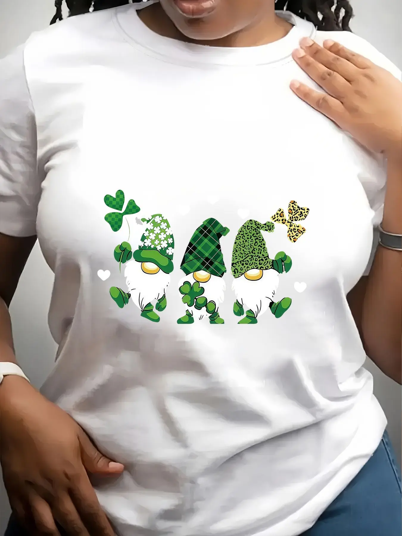 Women's Trendy Crew Neck T-Shirt Three Green St Patrick Gnomes Suitable for Casual Sportswear
