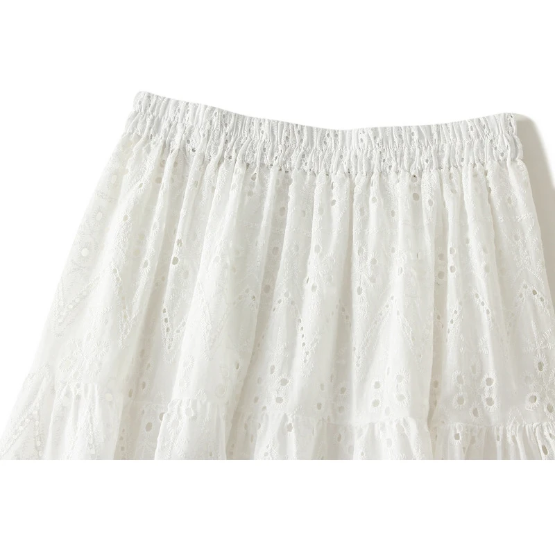 White A-line Skirt Spring Summer Women Fashion Hollow Out Cotton Skirt Female Vintage Elegant High Waist Aesthetic Skirt Lady