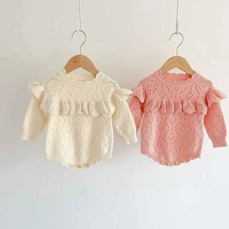 Cute Baby Girl Knitted Romper 0-3Years Newborn Princess Solid Color Long Sleeve Hollow Out Knitwear Sweater Bodysuit INS Clothes