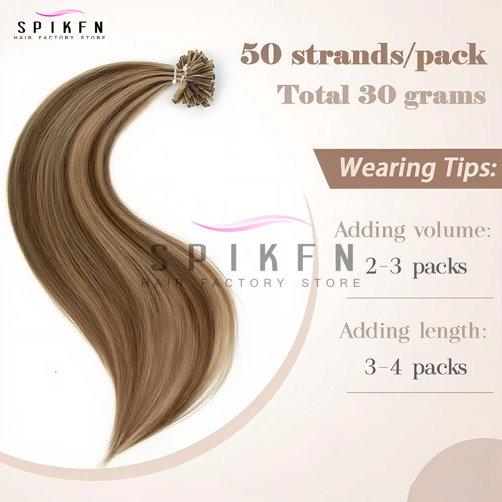 SPIKFN Nail U Tip Human Hair Extensions Natural Straight Hot Fusion Hair 50pcs/pack Nature Black Fusion Pre Bonded Human Hair