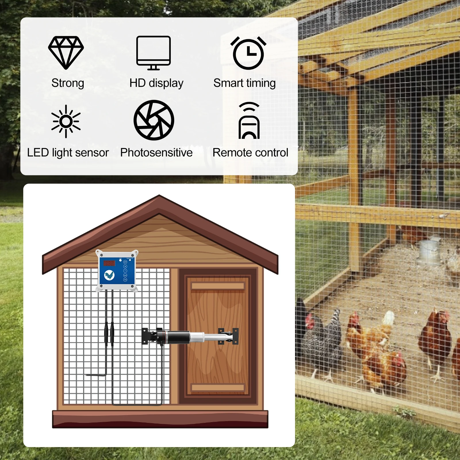 Imagem -04 - Automatic Chicken Coop Door Side Opener Temporizador Sensor de Luz Ajustável Rainproof Painel Solar ao ar Livre Conexão Infrare Sensor