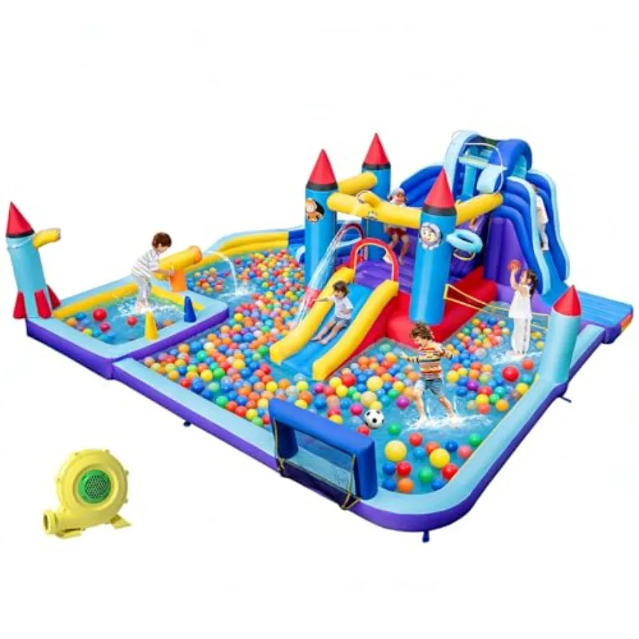 

Надувная водная горка BOUNTECH 10-в-1: аквапарк-батут для детей 5-12 лет, синяя, с огромным бассейном для брызг
