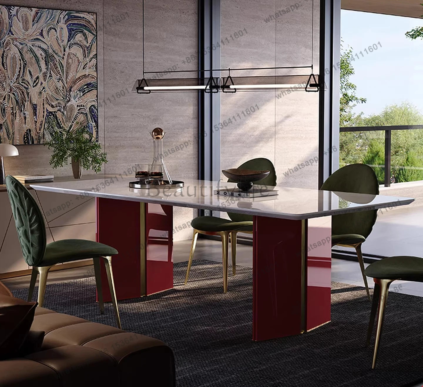 Pure natural luxury stone charm red dining table high-end Italian minimalist light luxury rectangular marble