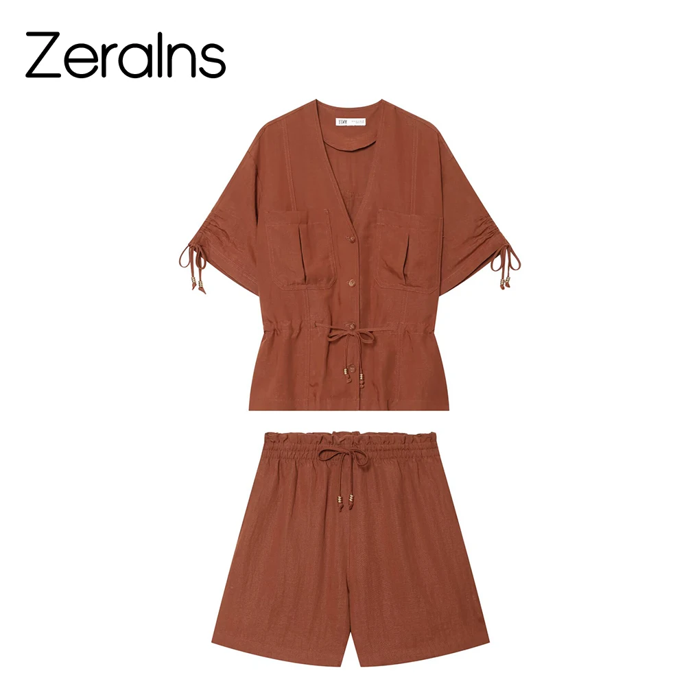ZERAINS Summer new women's clothing European and American style beaded short sleeved hunting jacket+casual shorts