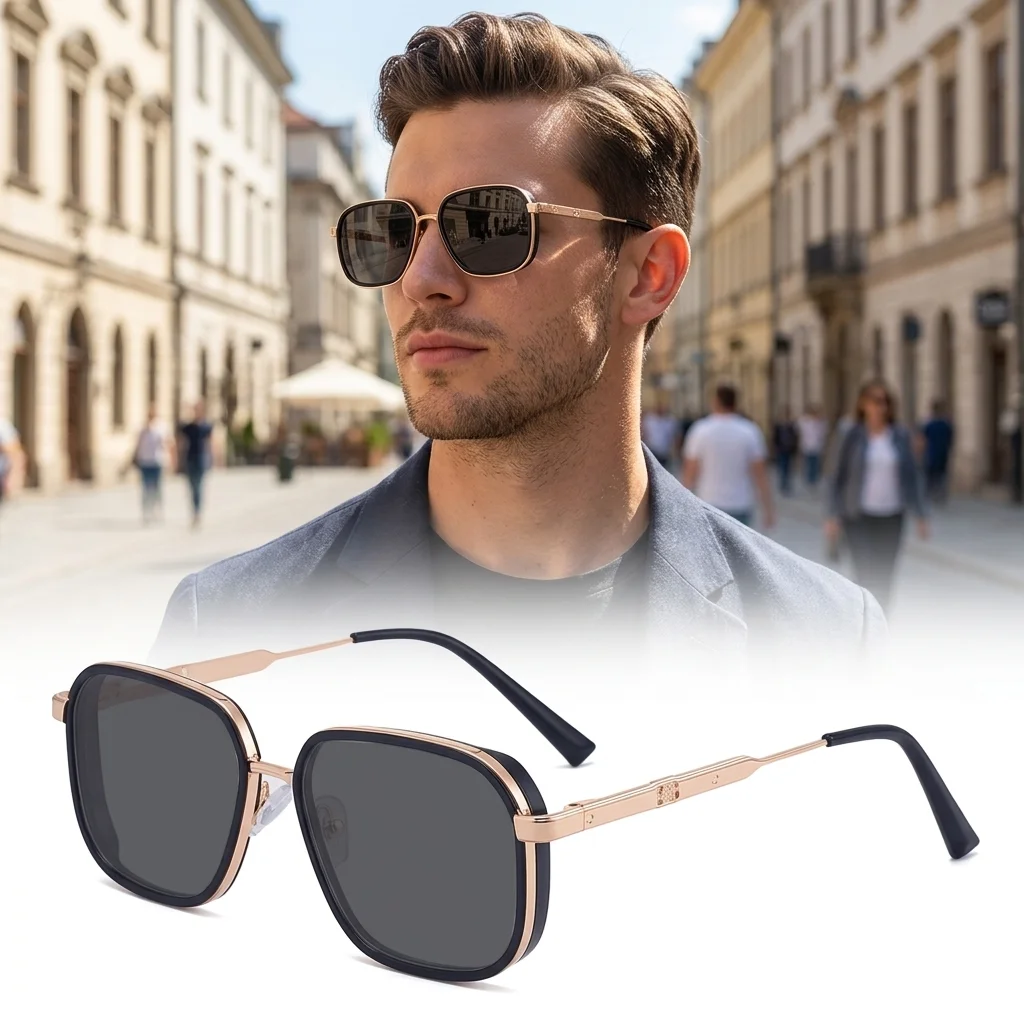 

Photochromic Sunglasses Men UV400 Square Sun Glasses Outdoor Driving Color Changing Eyewear Alloy Frame Spring Hinge