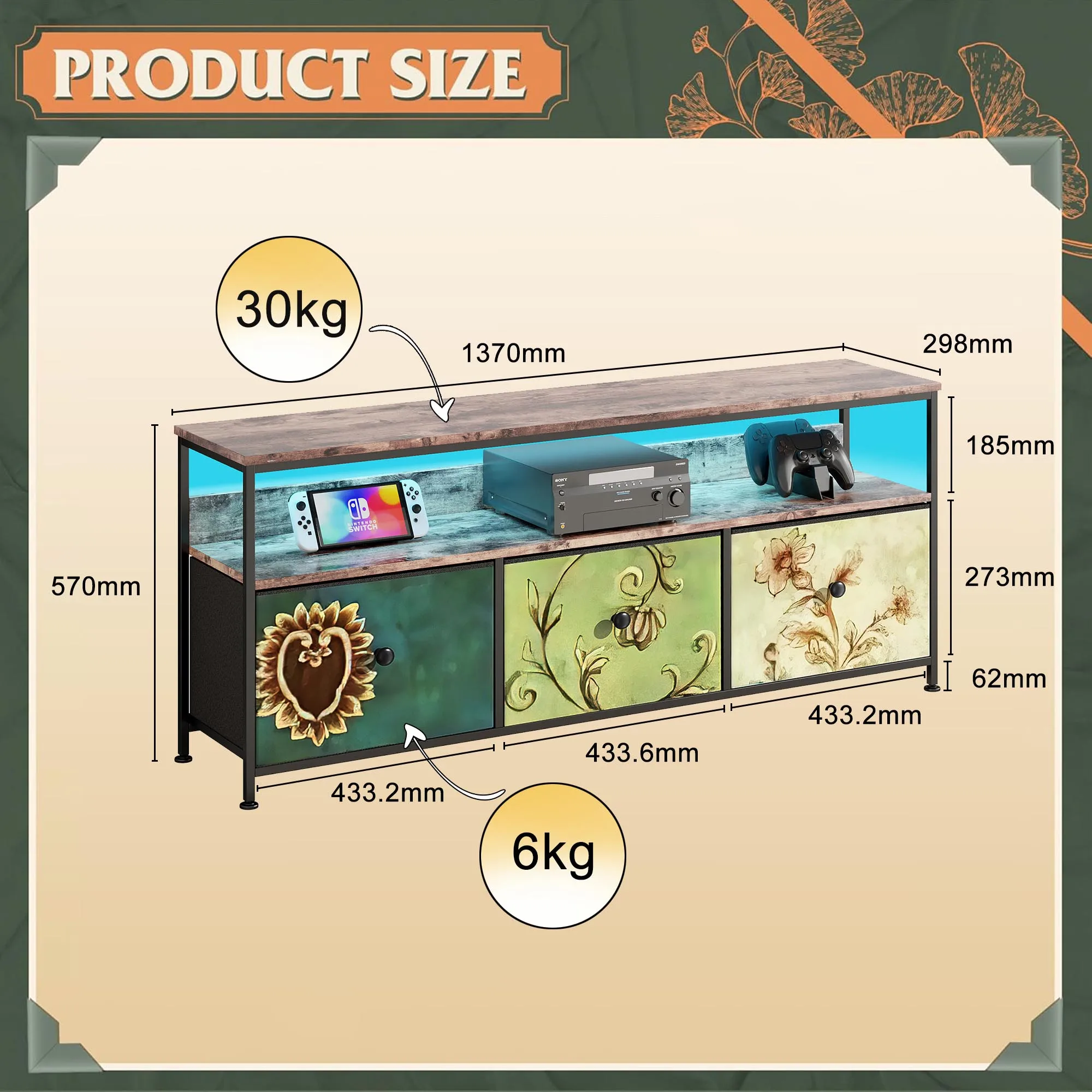 LED TV 스탠드, 캐비닛, 서랍 및 선반이 있는 TV 스탠드, RGB LED 조명, 거실 색상 조절 가능, 137x30x57cm