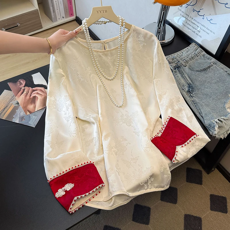 

Ele Chinese Sle Women's irt Pearl Sve Satin Surface Embroidery Loose Fit Inner Wear Spring Autumn Faion Top