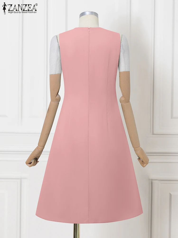 ZANZEA Elegant Office OL Dresses 2025 Women Stylish Party Dress Summer Sundress Short Sleeve Solid Work Midi Robe Waisted Robe