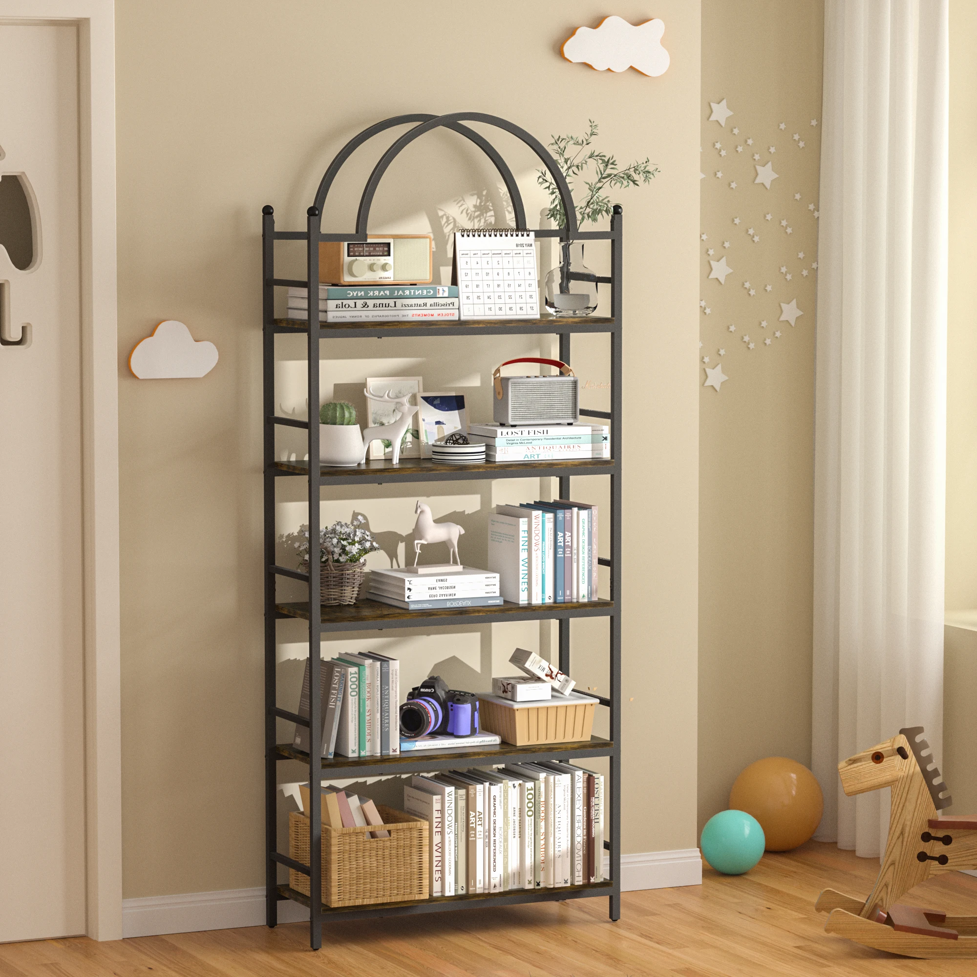 5 Tier Wood Storage Shelves with Metal Frame Free Standing Bookshelf Industrial Display Rack