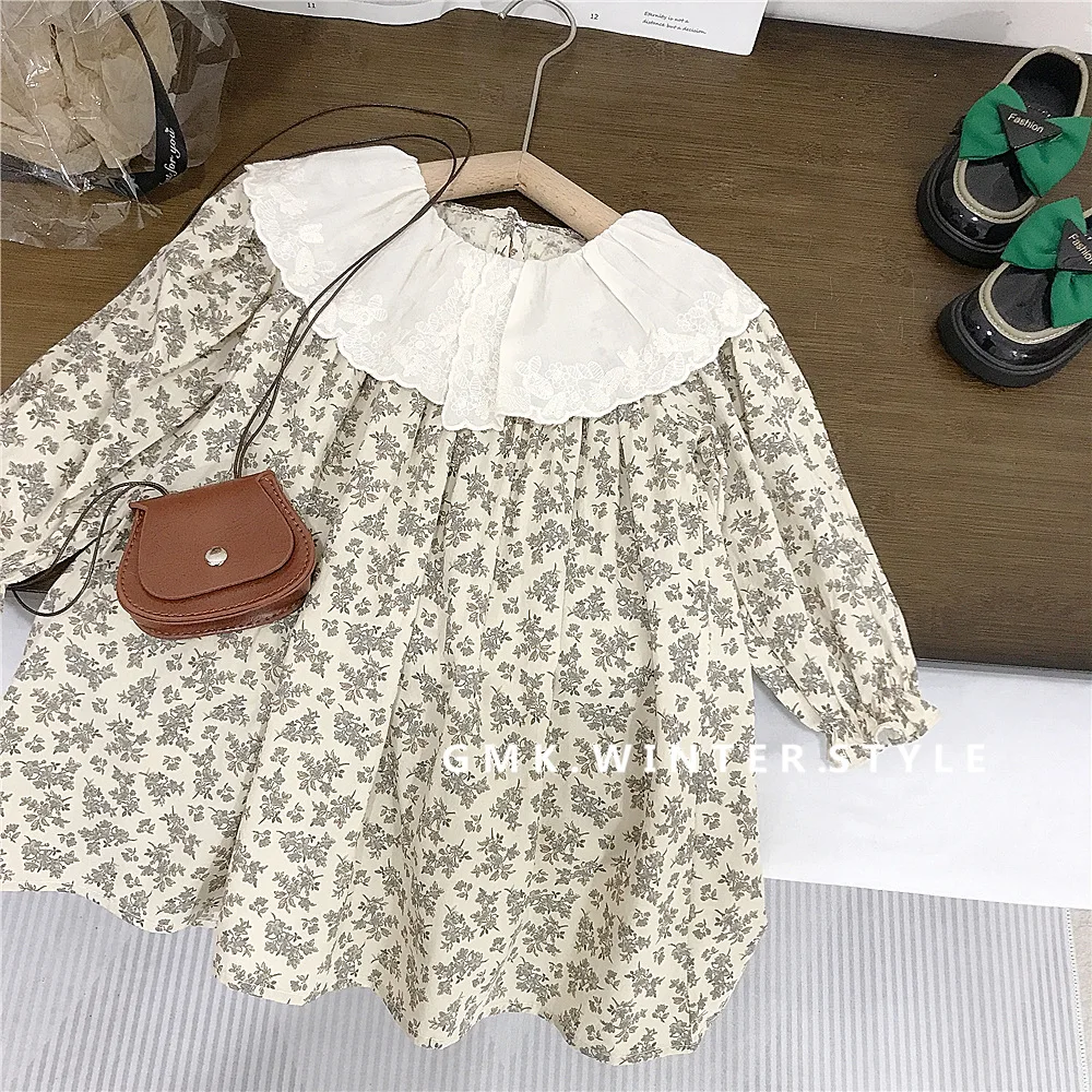 

Girls Dress 2024 Autumn Spring New Style Childrens Stylish Lace Collar Floral Doll Baby Cotton Long Skirt