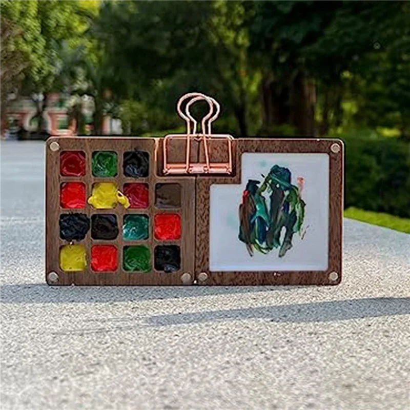 WORTHOWN-5X Tragbare Aquarellpalette, 15-farbige Skizzenbuchpalette, Palettenschachtel aus Holz, Reise-Farbpalette (ohne Farben)