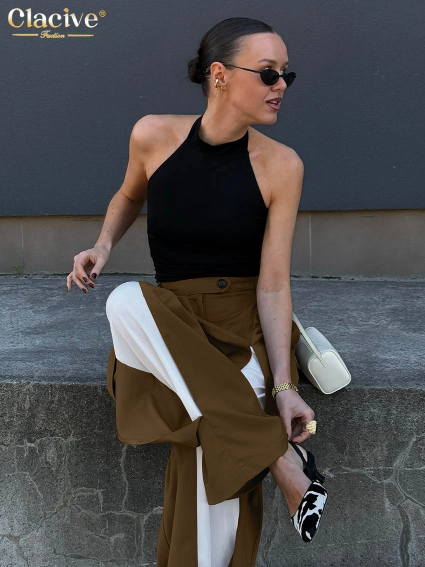 Clacive Fashion Loose Brown Women's Pants 2025 Vintage High Waist Wide Trousers Elegant Classic Patchwrok Pants Female Clothing