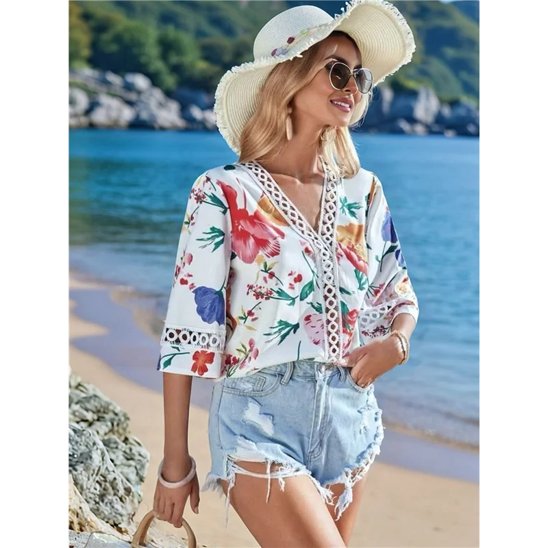 ASDS-3/4 Length Sleeve Womens Summer Trendy Bell Sleeve V-Neck Dressy Casual Ethnic Bohemian Print T-Shirt