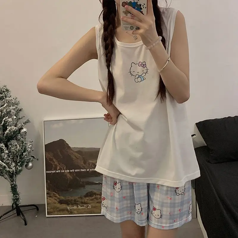 

Sanrio Hello Kitty Pajamas Cartoon Summer Pure Cotton Round Neck Vest Shorts Cute Girl's Home Suit Set Can Be Worn Outside