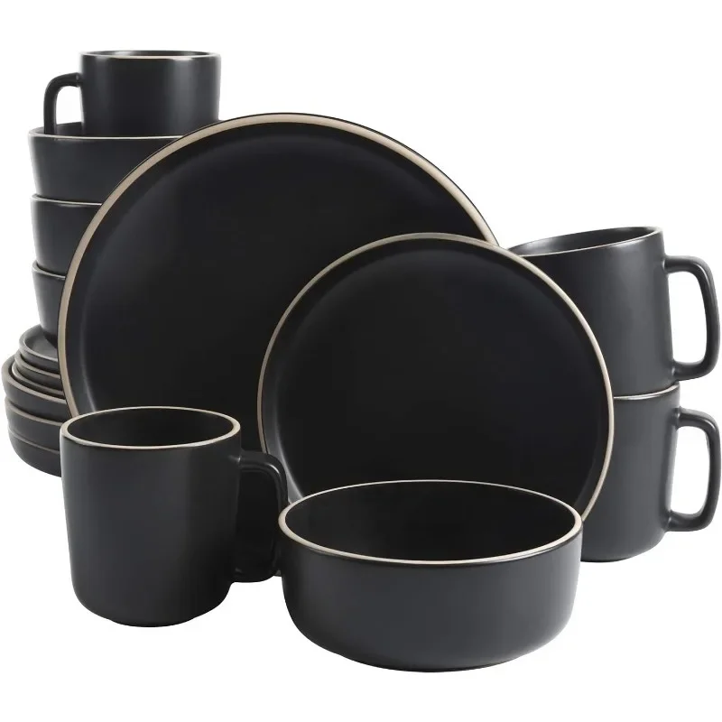 16 Piece Round Kitchen Dinnerware Set, Dishes, Plates, Bowls, Mugs, Service for 4, Matte Stoneware, Dishes and Plates Sets