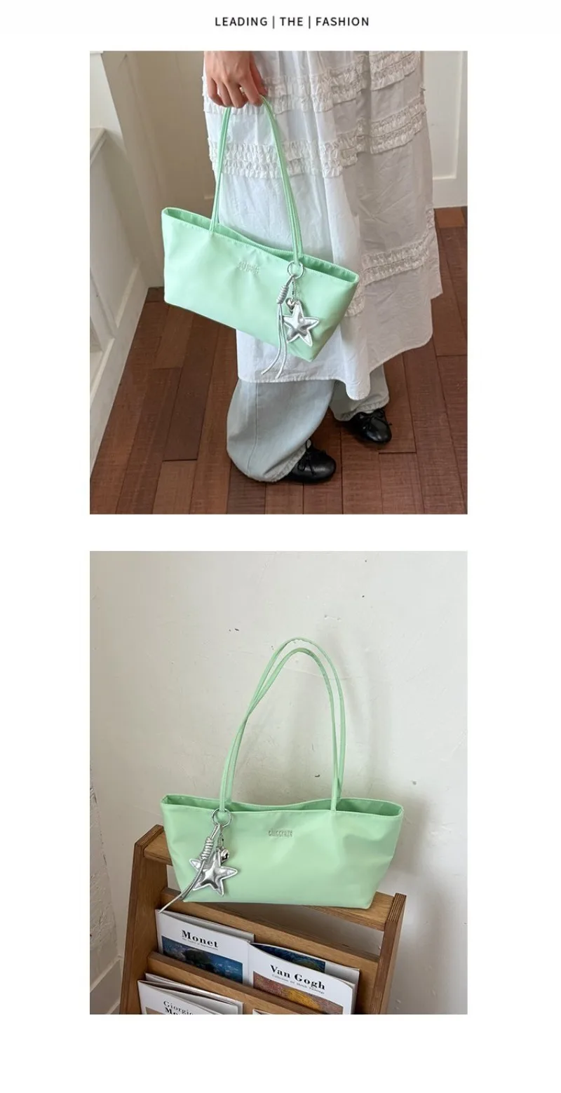 CEEKAY Minimalistische Handtasche aus massivem Nylon, zwei Tragemöglichkeiten, Metall-Sternanhänger, für Mädchen, vielseitig einsetzbar, frische, tägliche Unterarm-Umhängetasche – Detail 4