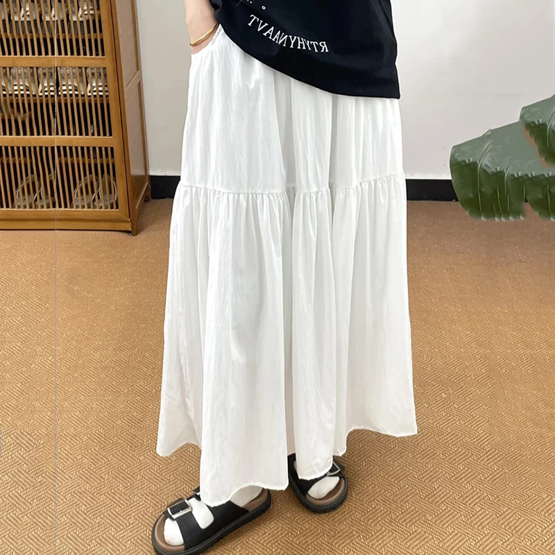 2025 Summer White A Line Skirt Women Korean Fashion Elastic Waist Pleated Long Skirt Woman Solid Color Pocket Mid Skirts Feamle