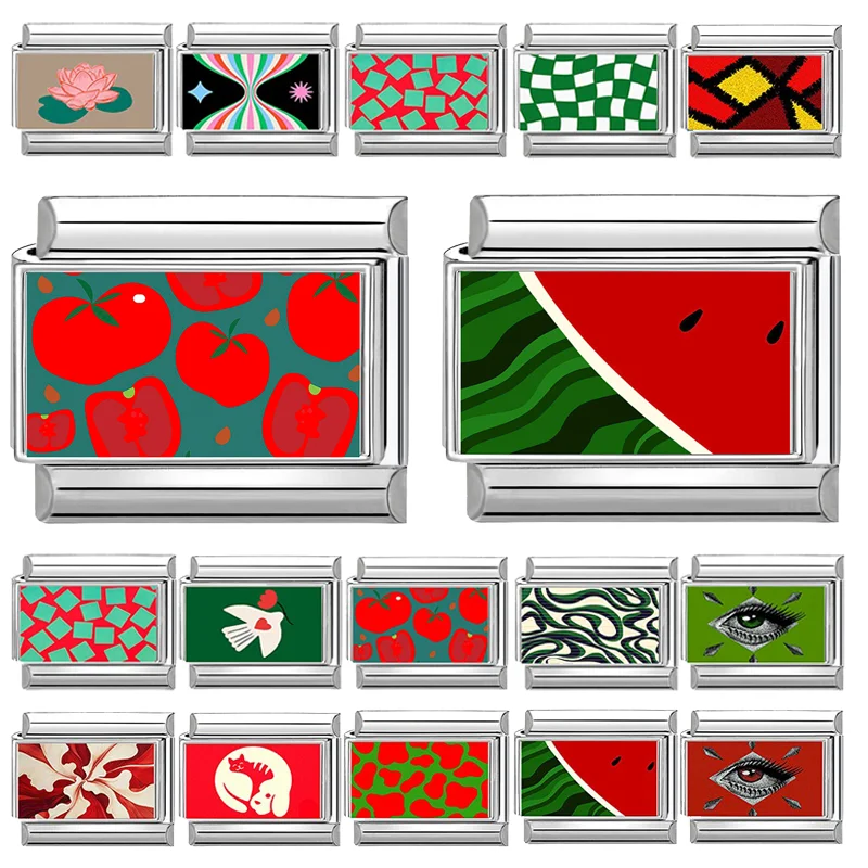 Wholesale Red Green Color Tomato Watermelon Square Grid Italian Link Fit 9mm Stainless Steel Bracelet Making DIY Charm Jewelry