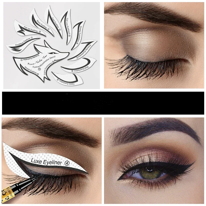 12 stks/zak Oogmake-up Stempels Gevleugelde Eyeliner Stencil Sjabloon Vormgeven Gereedschap Wenkbrauwen Afdrukbare Oogschaduw Sjablonen Tool Stickers